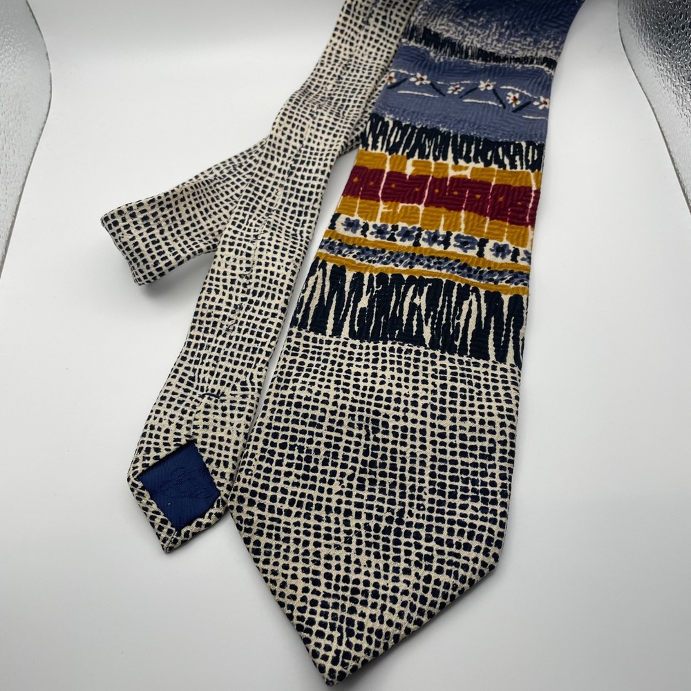 Jacques Britt New Line Mens Silk Necktie Geometric Pattern Blue Burgundy Gold